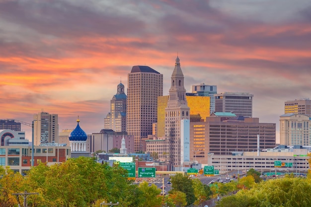 Skyline of downtown Hartford city cityscape in Connecticut USA