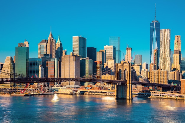 Skyline of downtown New York Brooklin Bridge and Manhattan at the morning light New York City USA