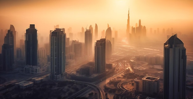 Skyline in dubai with sun rising behind towers from above