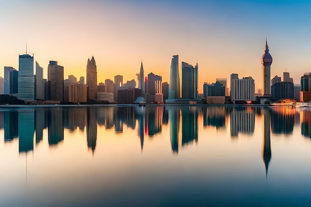 A skyline of dubai with the sun setting behind it