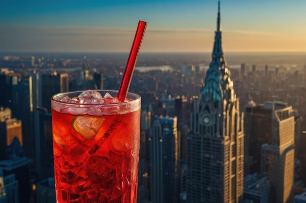 a Skyline Fizz cocktail in a highball glass vibrant red in color