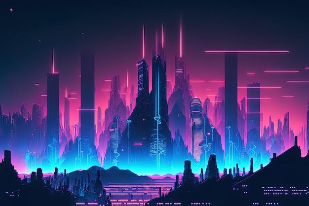 Skyline of a futuristic city lit by blue and pink neon signs Imagined skyscrapers at night