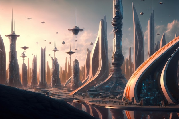 Skyline of futuristic city with fictional architecture in panoramic view