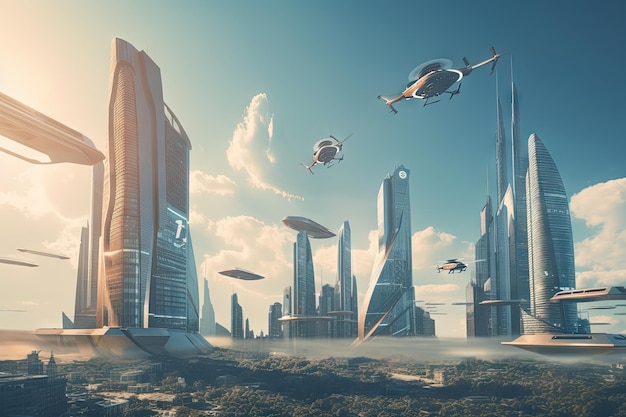 Skyline of futuristic city with towering buildings and flying cars