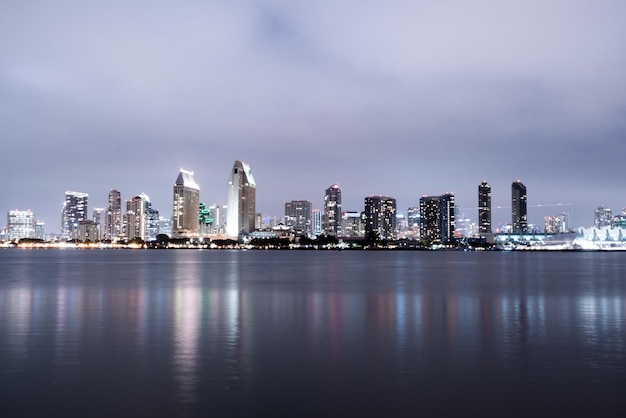 Skyline of the illuminated waterfront San Diego in the evening