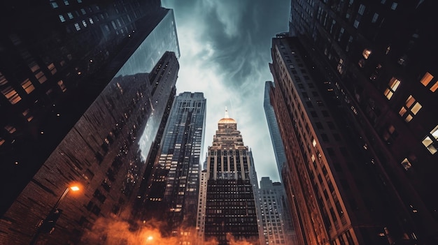 the skyline is seen from the top of a skyscraper.