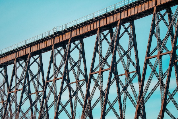 Skyline of Lethbridge Viaduct bridge formerly the High Level bridge against a blue sky in Canada