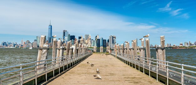 Skyline of Manhattan from the Old Ferry Dock on Liberty Island, USA