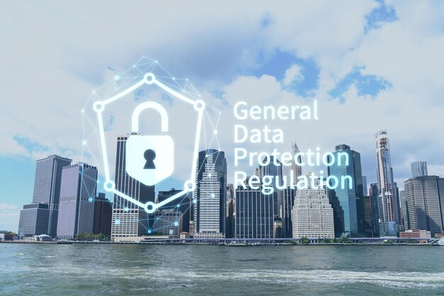 Skyline of New York City Financial Downtown Skyscrapers over East River from park Dumbo at day time Manhattan GDPR hologram concept of data protection regulation and privacy for all individuals