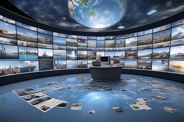 Photo skyline news hub virtual newsroom with floating headlines