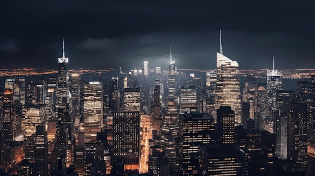 the skyline at night, with the lights on the building visible.