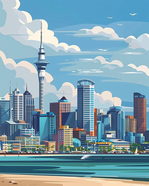 Фото Скайлайн окленда новая зеландия векторная иллюстрация в плоском стиле небесная башня
