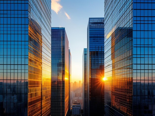 A skyline office building scene during the golden hour