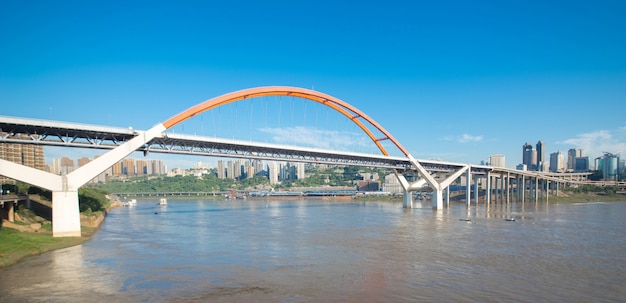 skyline,river and bridge during sunset