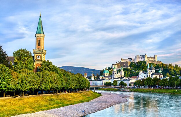 Skyline of salzburg with christuskirche evangelical church unesco world heritage in austria