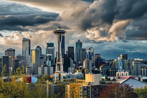 Photo the skyline of seattle with dramatic clouds ai generated