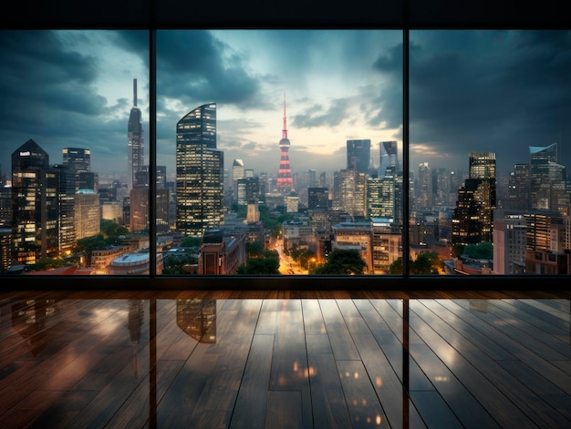 Skyline seen through a glass window Generative AI