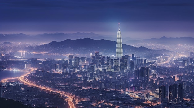 Skyline of Seoul city at night time