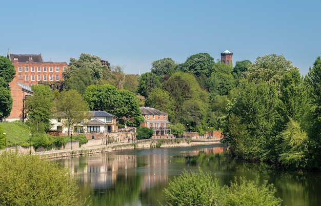 Skyline of Shrewsbury above river Severn