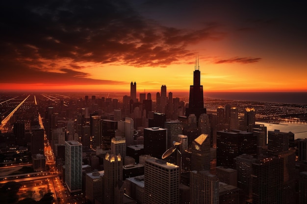 Skyline stadszicht bij zonsondergang Genereer Ai