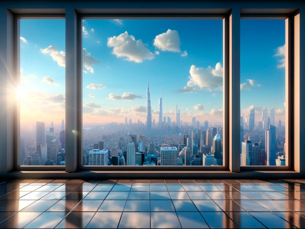 Skyline through the window at sunset Generative AI