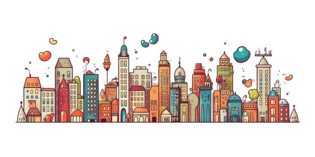 Foto skyline van de stad eenvoudige doodle kleur cartoon op witte achtergrond mooie generatieve ai aig32