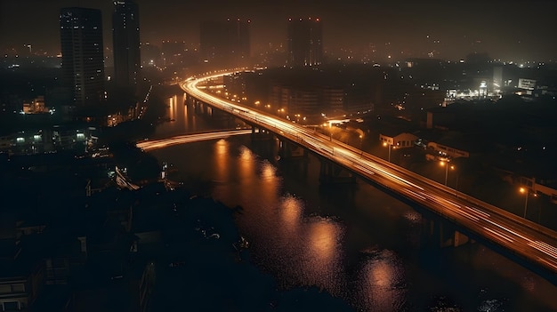 Skyline van de stad in de schemering Verlichte avondreflecties op brug en gebouwen