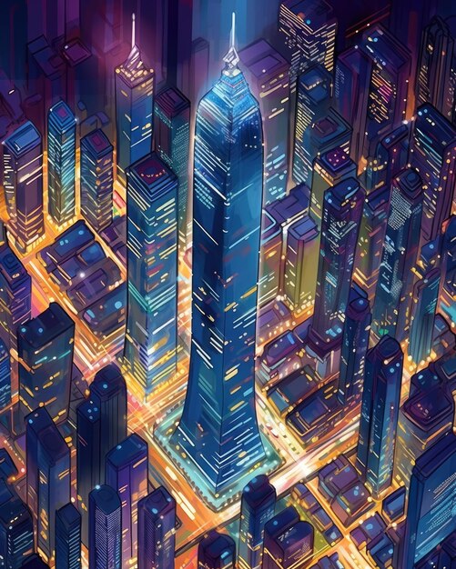 Skyline van de stad 's nachts verlichte wolkenkrabbers schijnen helder Generatieve AI