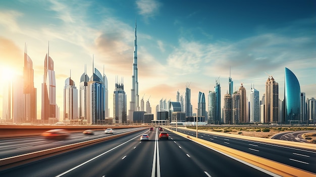 Skyline van Dubai met prachtige stad dicht bij de drukste snelweg voor verkeer en helderblauwe lucht