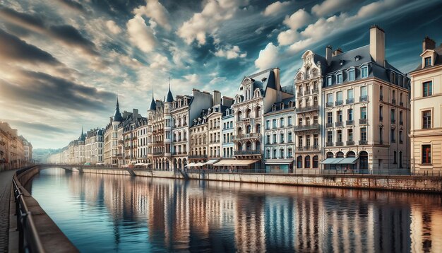 Foto skyline van een klein stadje vanaf de rivier