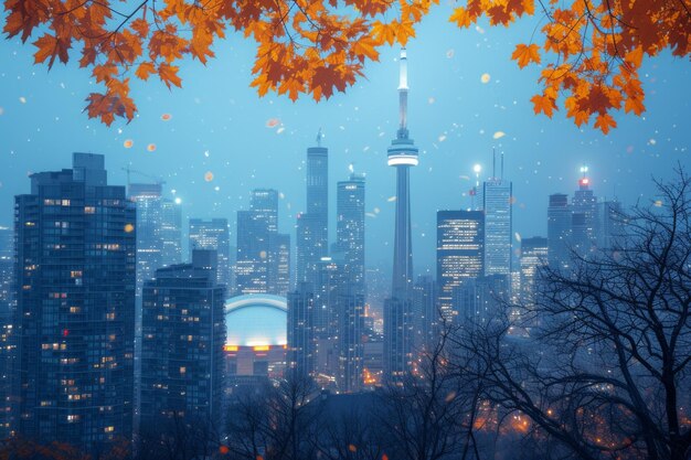 Skyline van Toronto met herfstbladeren op de voorgrond