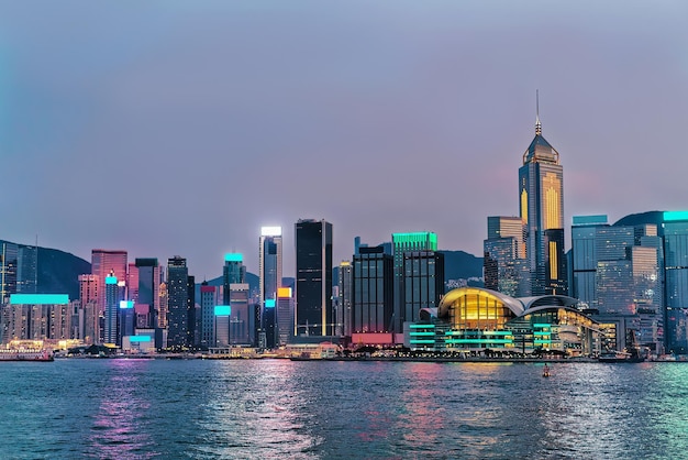 Skyline and Victoria Harbor, of Hong Kong. View from Kowloon on HK Island.