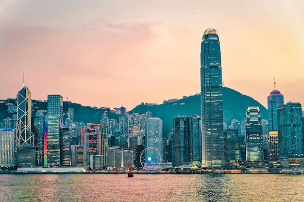 Skyline at Victoria Harbor, Hong Kong. View from Kowloon on HK Island.