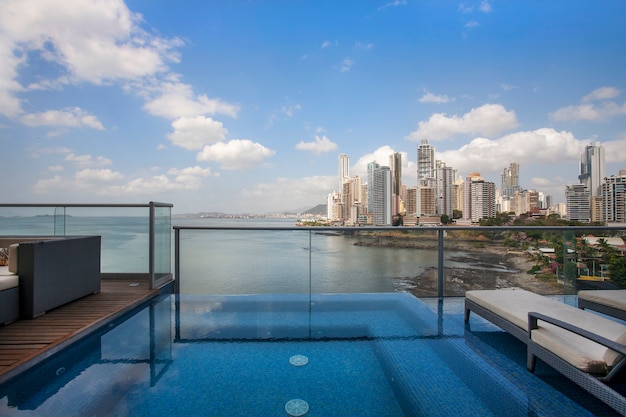 Skyline view from the pool of a tower.