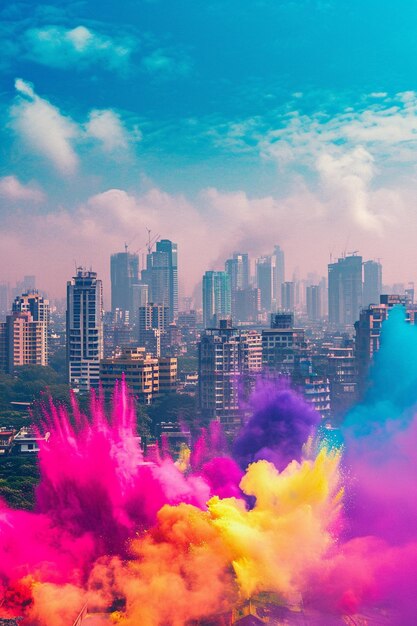 Foto una vista dello skyline con un'esplosione di colori holi sul paesaggio cittadino