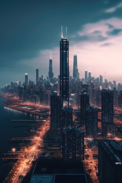 Горизонт с современными зданиями в вечернее время, созданный с использованием генеративной технологии искусственного интеллекта