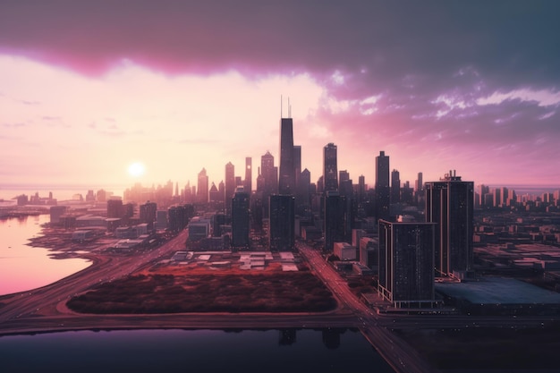 Skyline with modern buildings at sunset created using generative ai technology