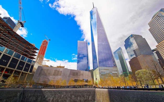 Skyline with Skyscrapers in Financial Center at Lower Manhattan, New York City, America. USA. American architecture building. Panorama of Metropolis NYC. Metropolitan Cityscape