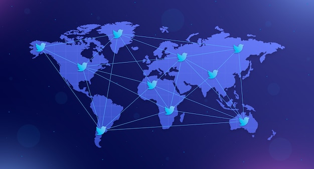 Icone skype sulla mappa del mondo in tutti i continenti interconnessi su sfondo blu con abbagliamento 3d