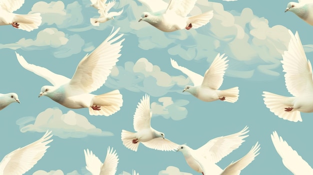 天空は鳥で満たされ空に飛ぶと連続したパターン白い翼の羽のが飛ぶ織物布壁紙の繰り返しデザイン