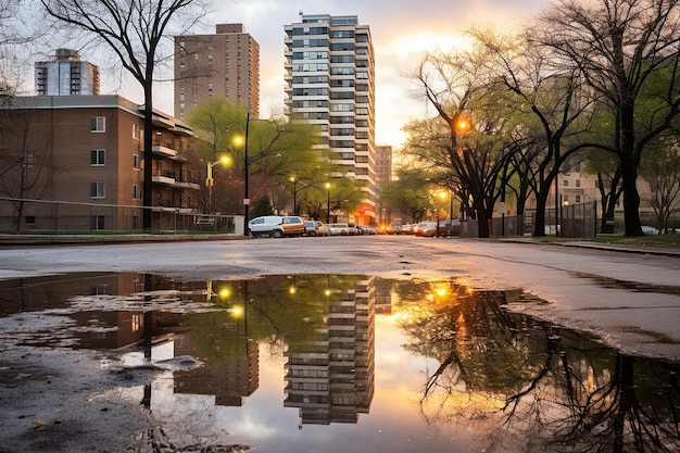 Skys Reflection Urban Rain Puddles