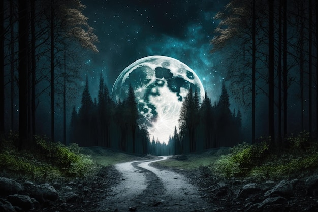 Skyscape with a full moon shining brightly over a forest at night A paved path