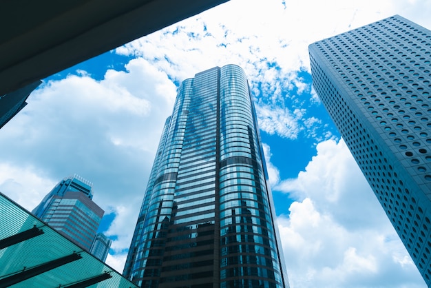 Skyscraper building in Hong Kong, city view in blue filter