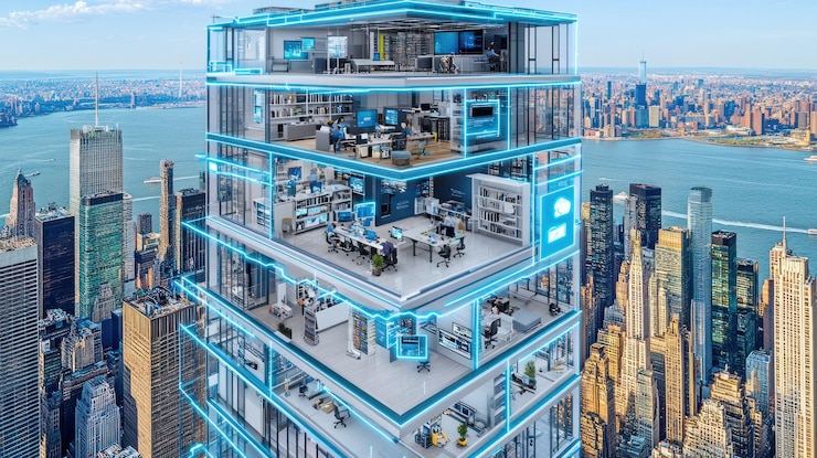 Foto skyscraper cutway onthult modern kantoorinterieur met technologische infrastructuur