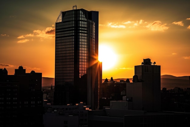 Skyscraper at dusk with the sun setting over the city skyline created with generative ai