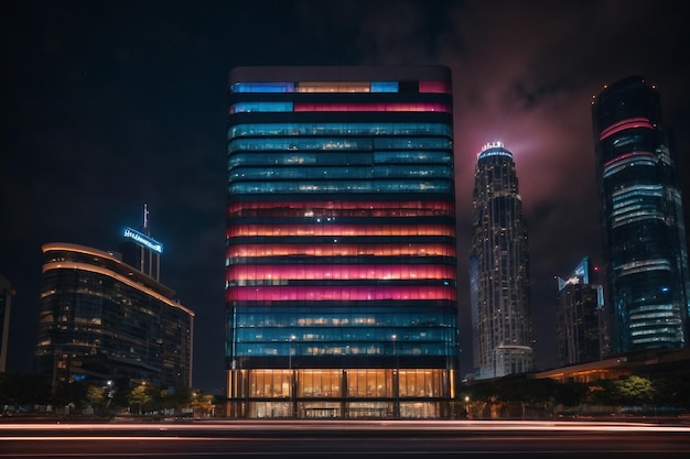 A skyscraper illuminated with vibrant lights at night