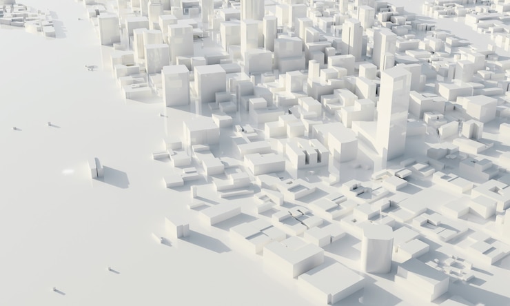 Photo skyscraper and metropolis city in monochrome. architecture and business city plan concept. low polygon cityscape scene. blueprint for mega project theme. copy space. 3d illustration rendering