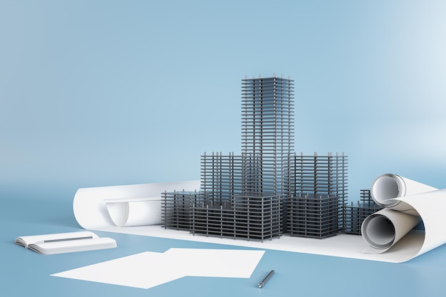 Skyscraper project with paperwork on blue backdrop Architecture and engineering concept 3D Rendering