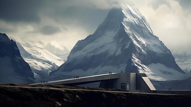 skyscraper set against a dramatic mountain range