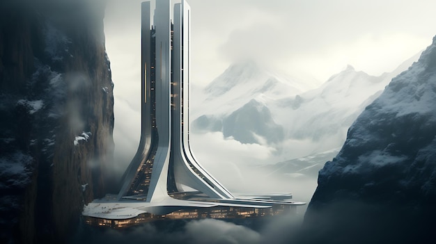 skyscraper set against a dramatic mountain range